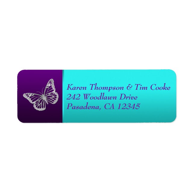 Purple Teal Silver Butterfly Return Address Label (Front)