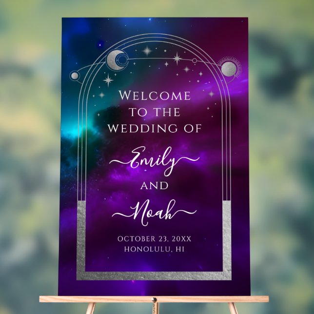 Purple Teal Silver Celestial Wedding Welcome Acrylic Sign (Neutral)