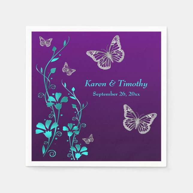 Purple Teal Silver Floral, Butterflies Napkins 2 (Front)