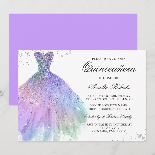 Purple Teal Sparkle Dress Quinceanera Invitation (Front/Back)