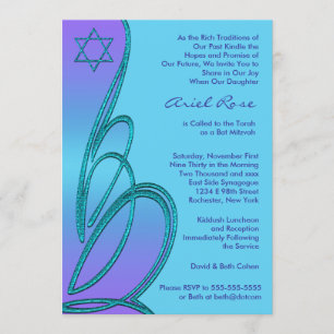 Purple Teal Star of David Bat Mitzvah Invitation