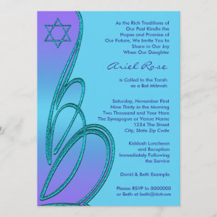 Purple Teal Star of David Bat Mitzvah Invitation