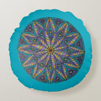 Purple/Teal Starburst Mandala Round Throw Pillow
