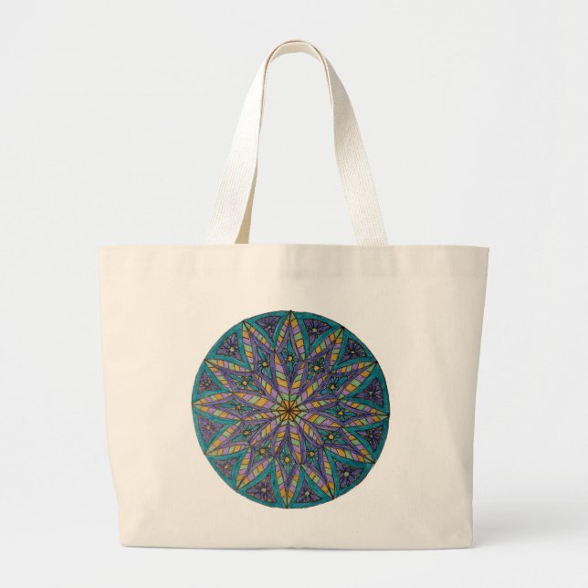 Purple/Teal Starburst Mandala Tote Bag (Front)