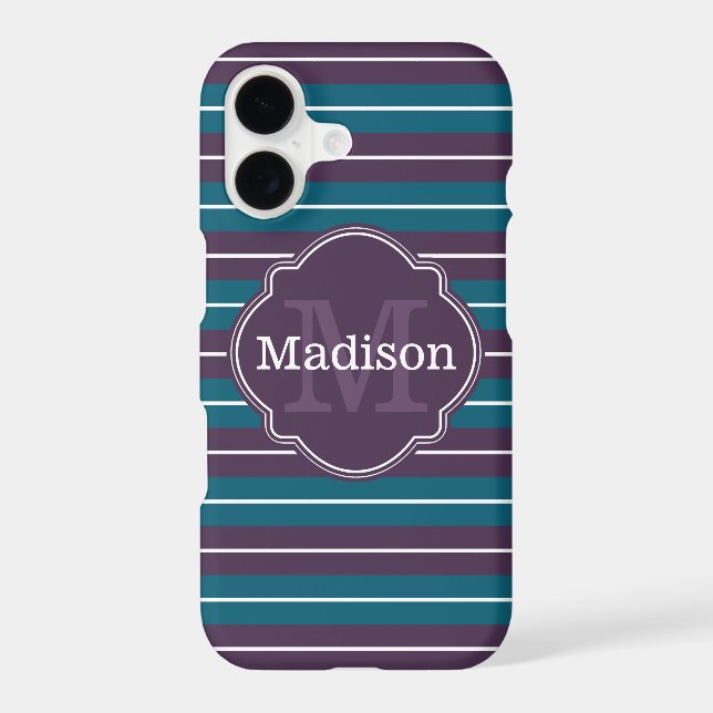 Purple Teal Stripe Pattern Monogram Name (Back)