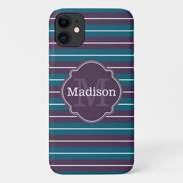 Purple Teal Stripe Pattern Monogram Name Case-Mate iPhone Case (Back)