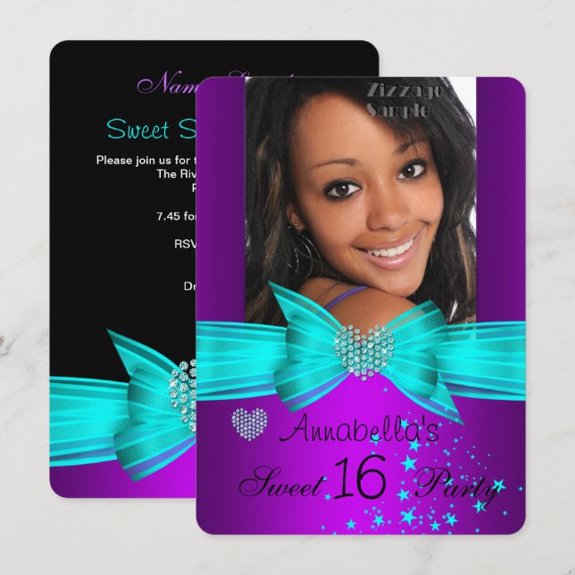 Purple Teal Sweet 16 Birthday Party Diamond Photo Invitation (Front/Back)
