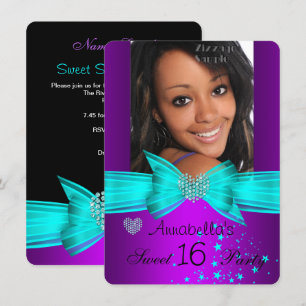 Purple Teal Sweet 16 Birthday Party Diamond Photo Invitation