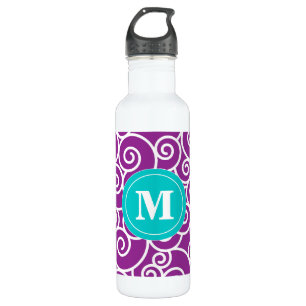Purple Teal Swirls Monogram Water Bottle
