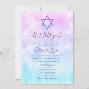 Purple Teal Tie Dye Bat Mitzvah Invitation