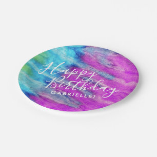 Purple Teal Tie Dye Happy Birthday Custom Name Paper Plate