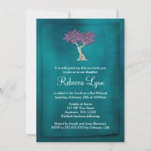 Purple Teal Tree of Life Bat Mitzvah Invitations