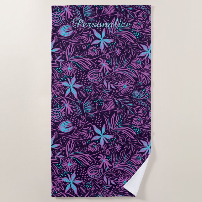 Purple & Teal Tropical Flowers Summer Personalise Beach Towel (Front)