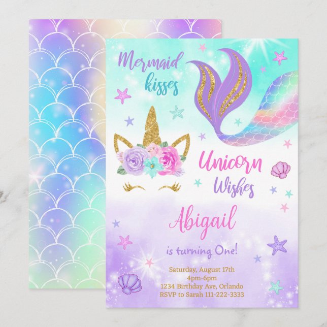 Purple Teal Unicorn Mermaid Birthday Invitation (Front/Back)