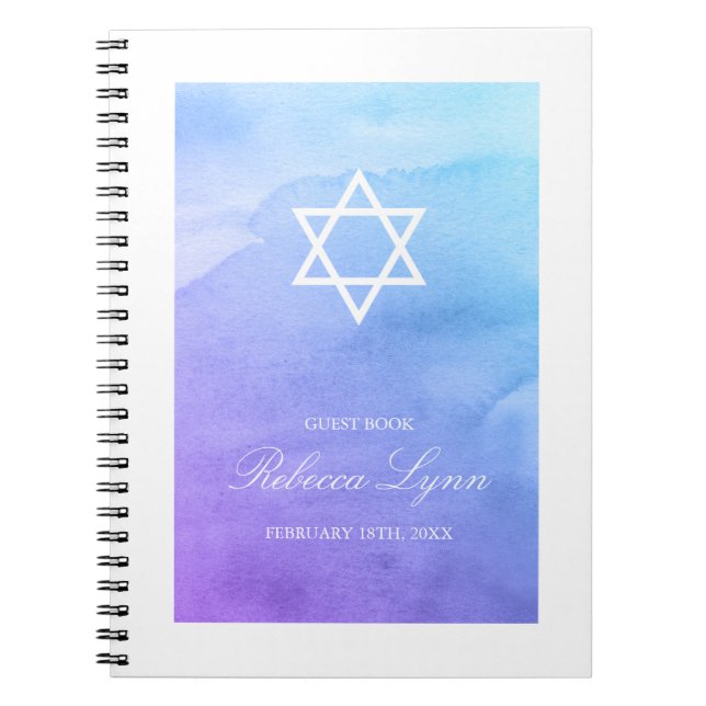 Purple Teal Watercolor Bat Mitzvah Guest Book (Front)