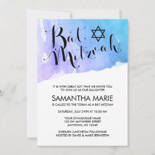Purple Teal Watercolor Bat Mitzvah Invitations