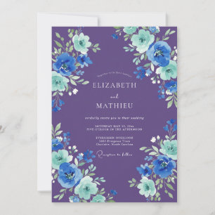 Purple Teal Watercolor Botanical Wedding Invitation