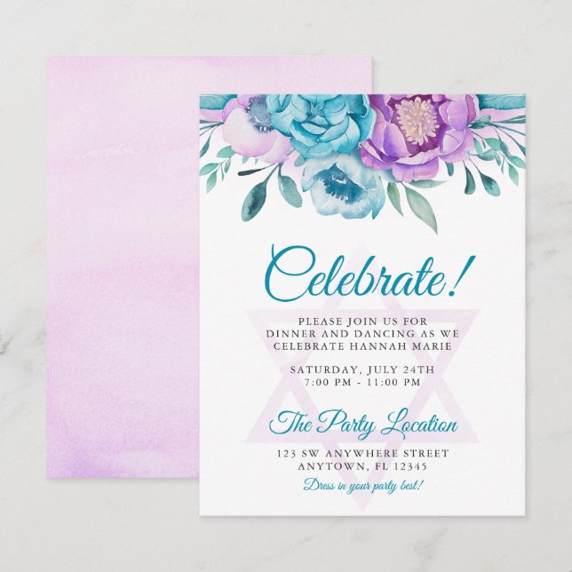 Purple Teal Watercolor Floral Bat Mitzvah Party Invitation (Front/Back)