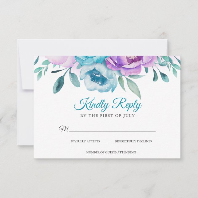 Purple Teal Watercolor Floral Bat Mitzvah RSVP (Front)