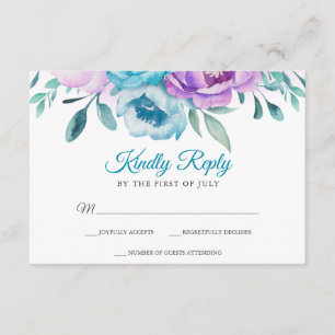 Purple Teal Watercolor Floral Bat Mitzvah RSVP Card