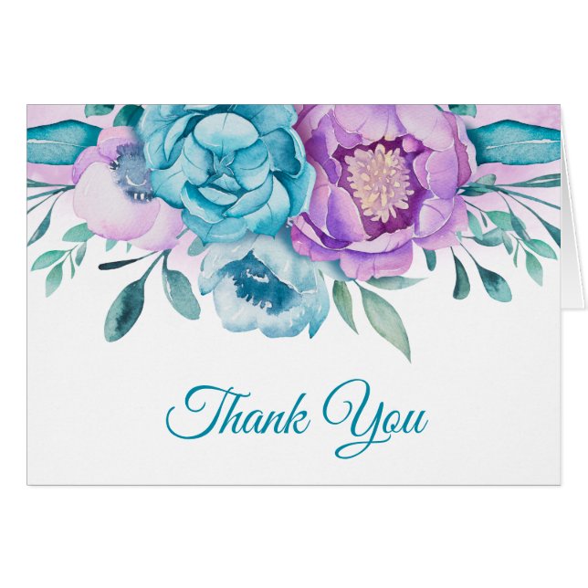 Purple Teal Watercolor Floral Thank You (Front Horizontal)
