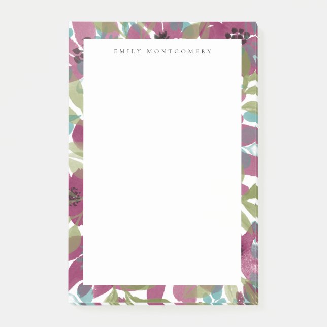 Purple Teal Watercolor Flower Garden Monogram Post-it Notes (Front)