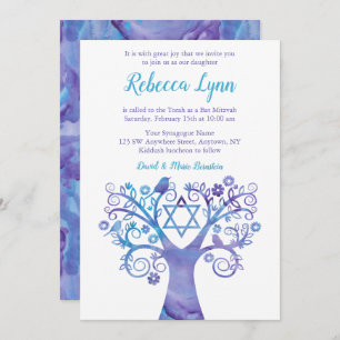 Purple Teal Watercolor Tree of Life Bat Mitzvah Invitation