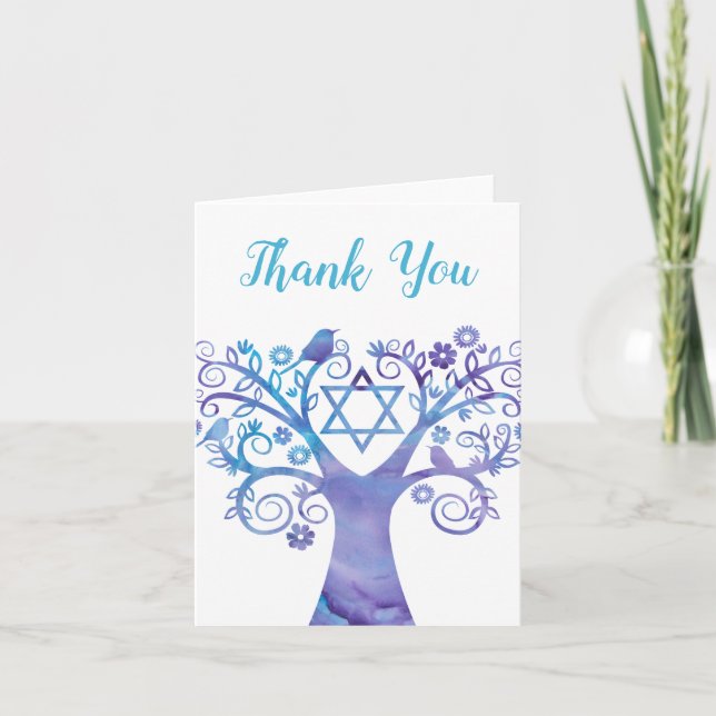 Purple Teal Watercolor Tree of Life Thank You Card (Front)