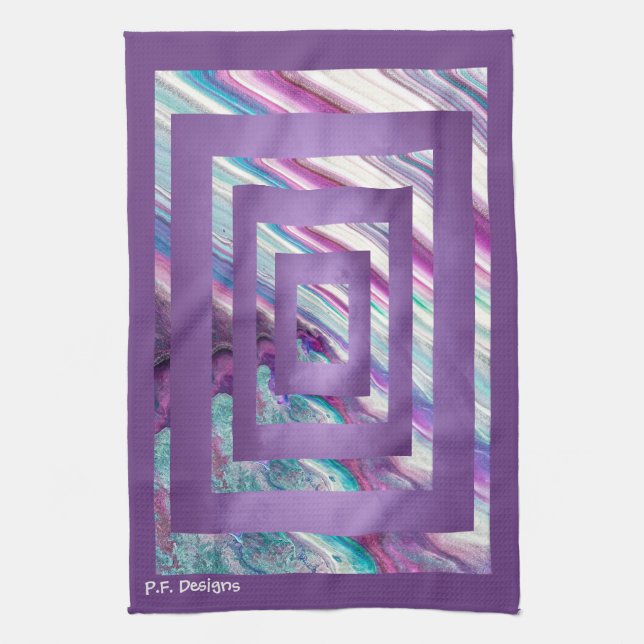 Purple Teal White Geometric Abstract Tea Towel (Vertical)
