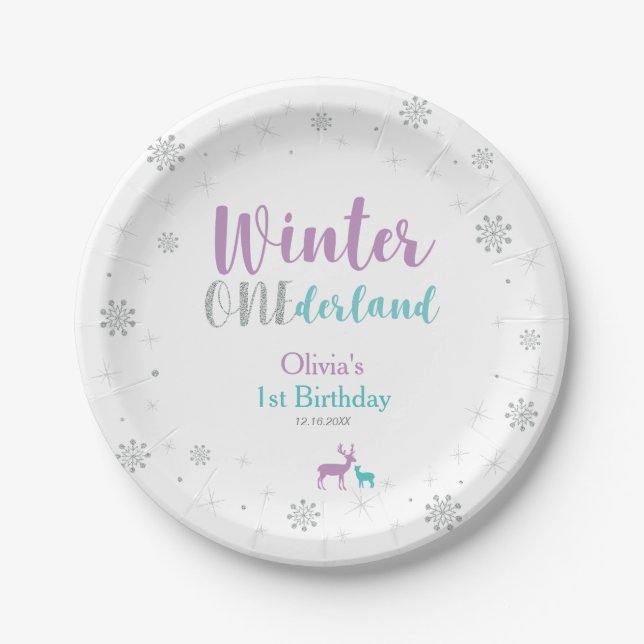 Purple & Teal, Winter Wonderland Birthday Party Paper Plate (Front)
