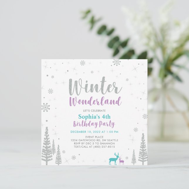 Purple & Teal Winter Wonderland Girl Birthday Invitation (Standing Front)
