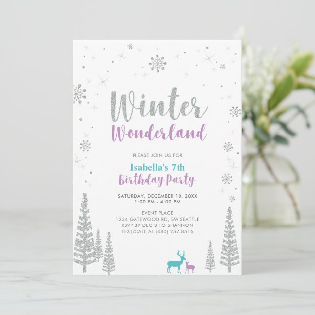 Purple & Teal Winter Wonderland Kids Birthday Invitation (Standing Front)