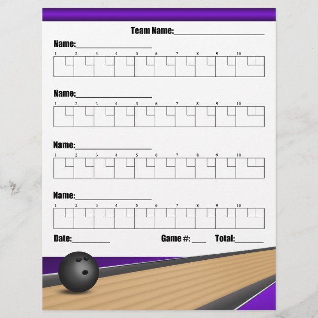 Purple Team Bowling Score Sheets Flyer (Front)