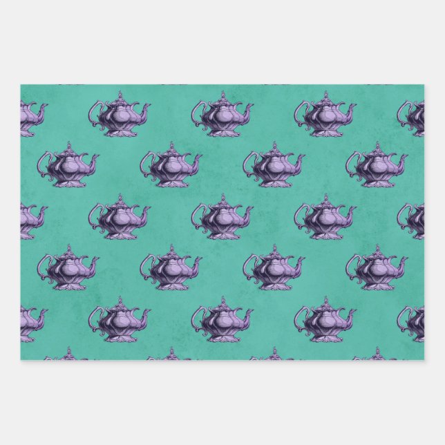Purple Teapots on Teal Wrapping Paper Sheet (Front)