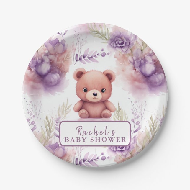 Purple Teddy Bear and Flowers - Baby Shower Paper Plate (Front)