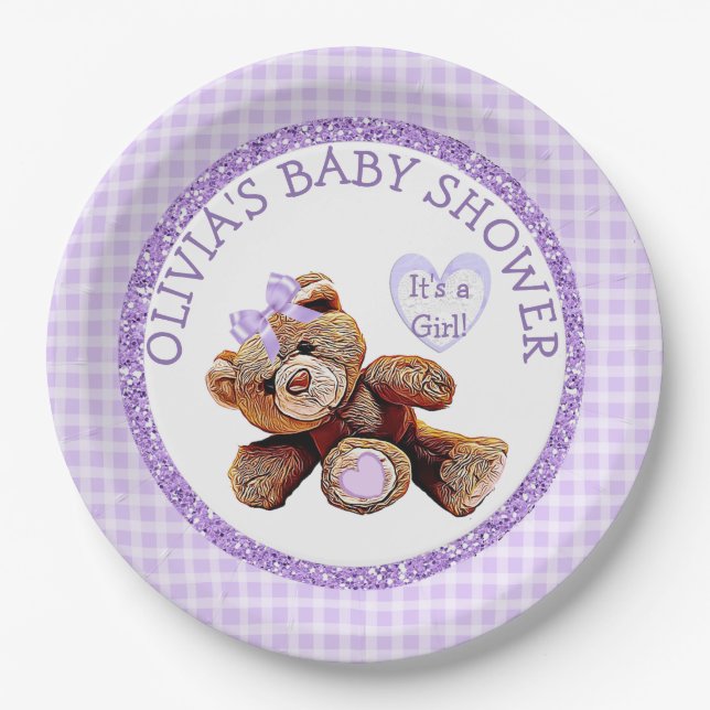 PURPLE Teddy Bear Baby Shower Paper Plates (Front)