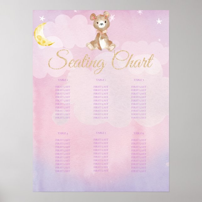 Purple Teddy Bear Girl's Baby Shower Seating Chart (Front)