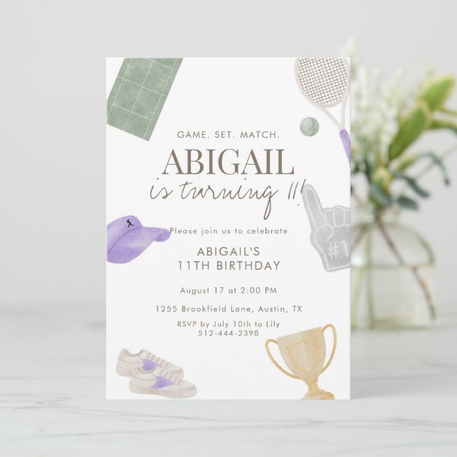 Purple Tennis 11th Birthday Party for Girls  Invitation (Standing Front)