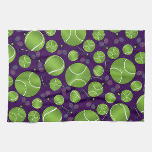 Purple tennis balls rackets and nets tea towel