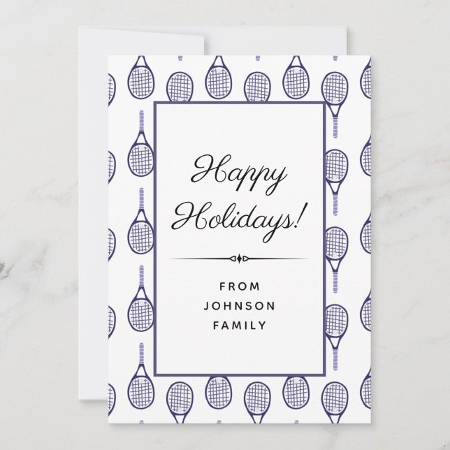 Purple Tennis Racket Pattern Happy Holidays Xmas   Holiday Card (Front)