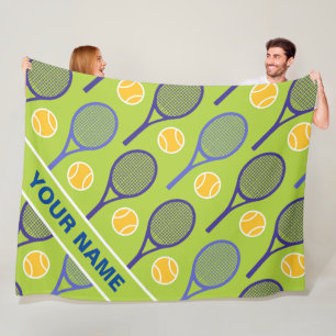 🎾 Purple tennis rackets on green, custom name Fleece Blanket