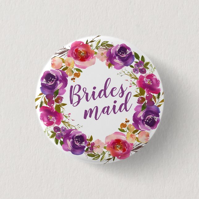 Purple Text and Summer Floral Wreath Bridesmaid 3 Cm Round Badge (Front)
