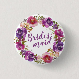 Purple Text and Summer Floral Wreath Bridesmaid 3 Cm Round Badge
