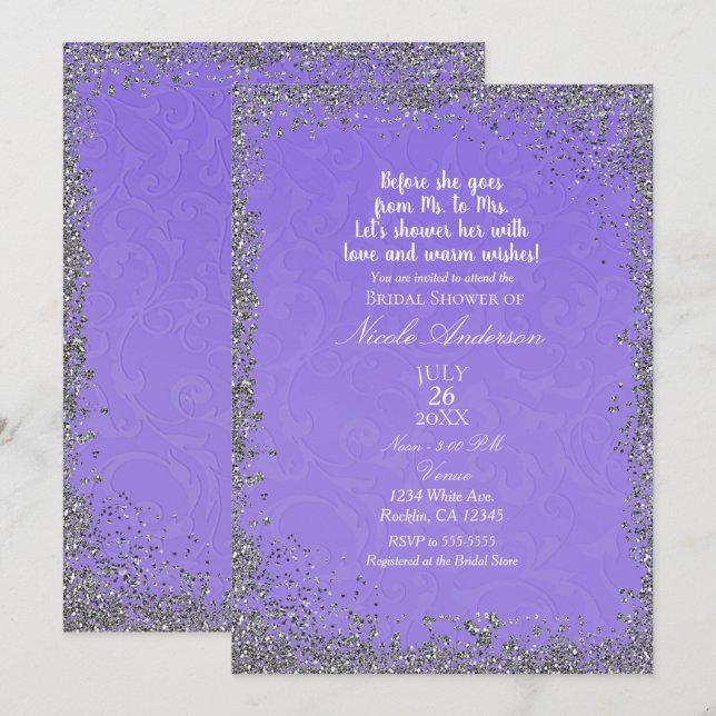 Purple Texture Silver Glitter Modern Bridal Shower Invitation (Front/Back)