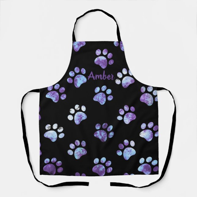 Purple Textured Paw Print Pattern Personalised Apron (Front)