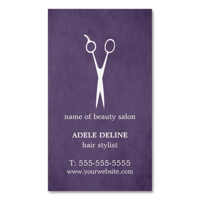 Purple Textured Scissor Hair Stylist Magnetic Business Card (Front Vertical)