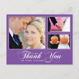 Purple Thank You Wedding 3 Photo Modern Postcard