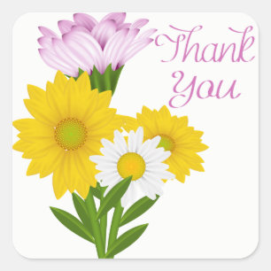 Purple Thank You Yellow Sunflower Daisy Flowers Square Sticker