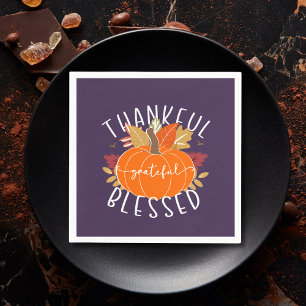 Purple Thankful Grateful Blessed Thanksgiving Fall Napkin
