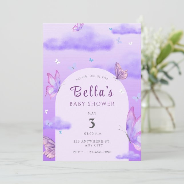 Purple Theme Butterfly Baby Shower Invitation (Standing Front)